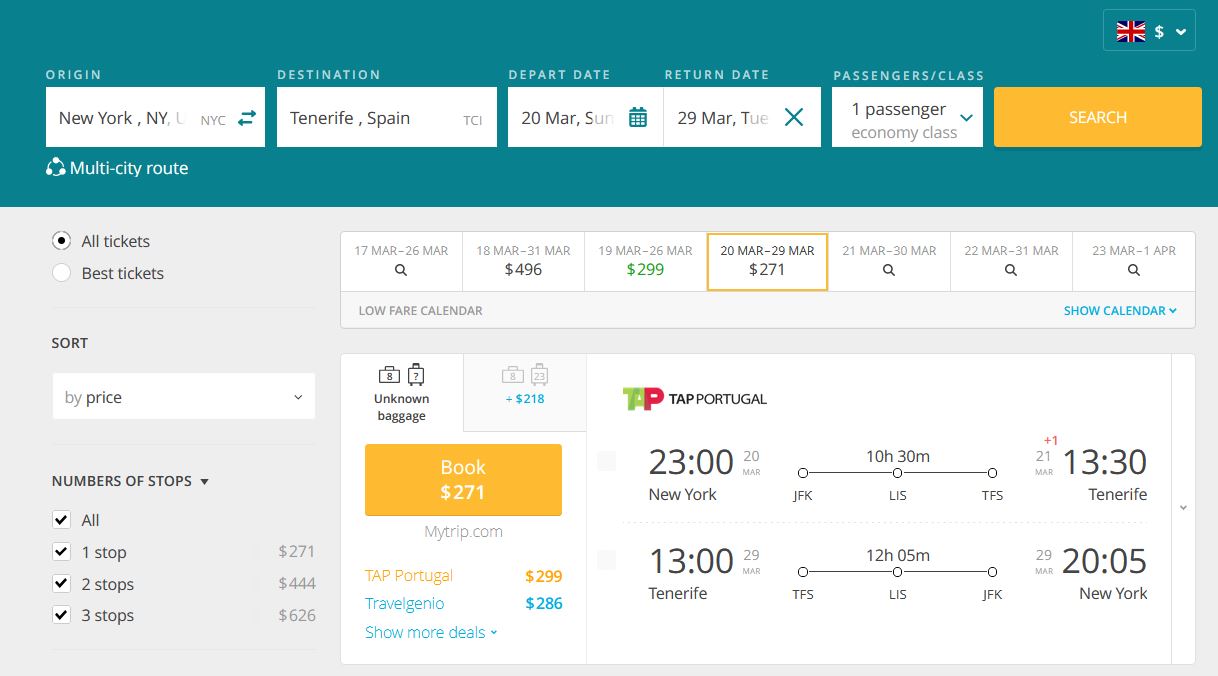 2022 01 21 19 23 32 New York Tenerife 20.03 29.03 Flights search